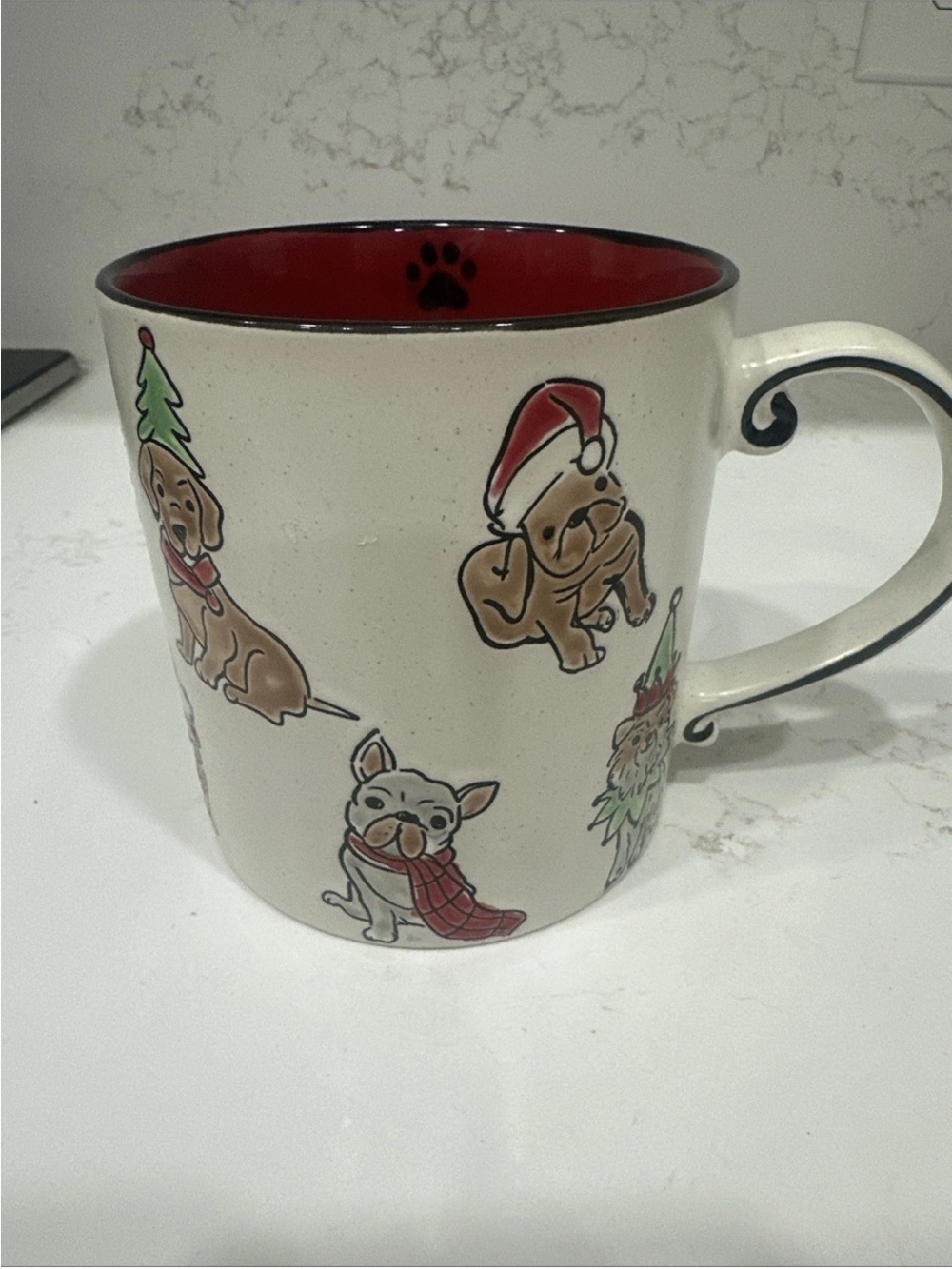 Christmas Dogs Holiday Coffee Mug Red Interior Ceramic Scroll Handle 20 Oz